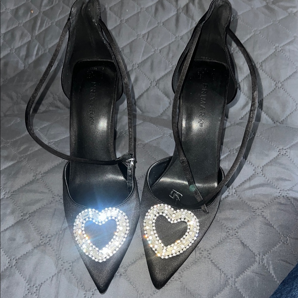 Primark Black Pointed Ankle-Strap Heels with Crystal Heart Embellishments
